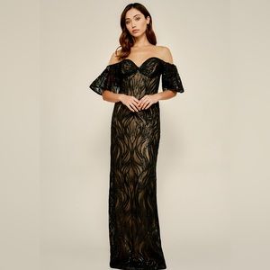 Tadashi Shoji Nerilla Sequin Off-the-Shoulder Illusion Gown Size 6